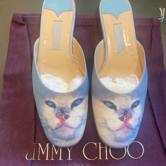 Jimmy Choo Blue Cat Print Mules - Picture 1 of 7